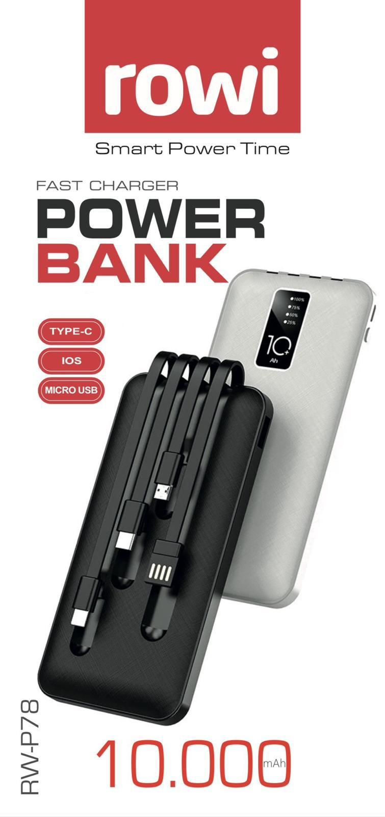10000 mAh Dahili Kablolu Rowi Powerbank