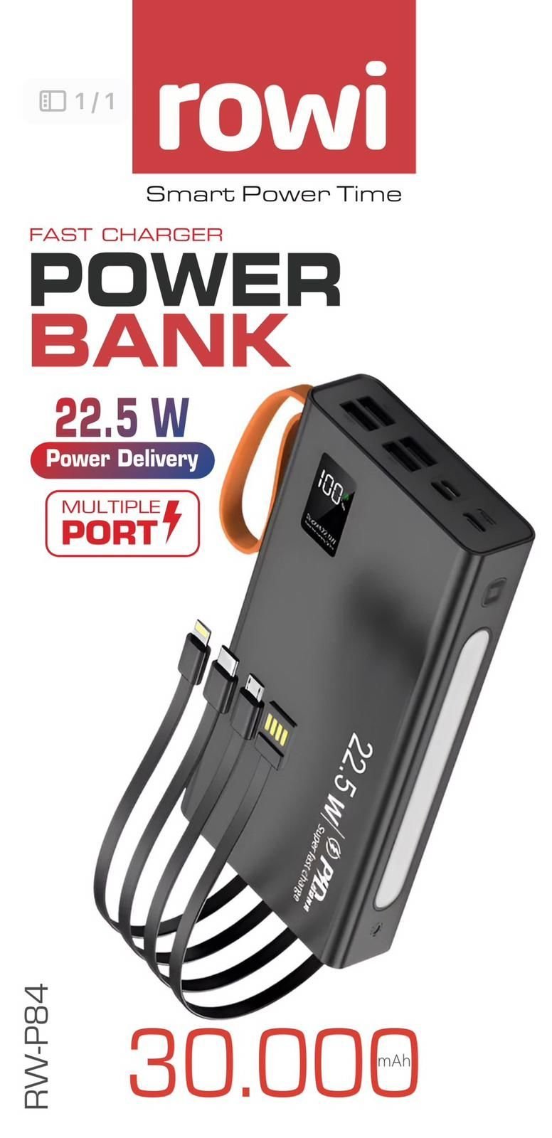 30000 mAh 22.5W Hızlı Şarj Dahili Kablolu Rowi Powerbank
