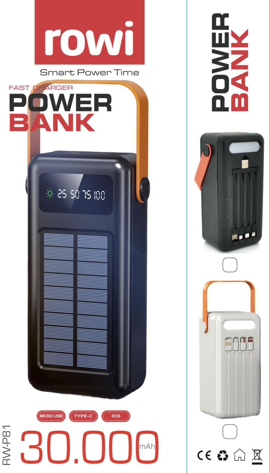 30000 mAh Güneş Enerjili Dahili Kablolu Rowi Powerbank