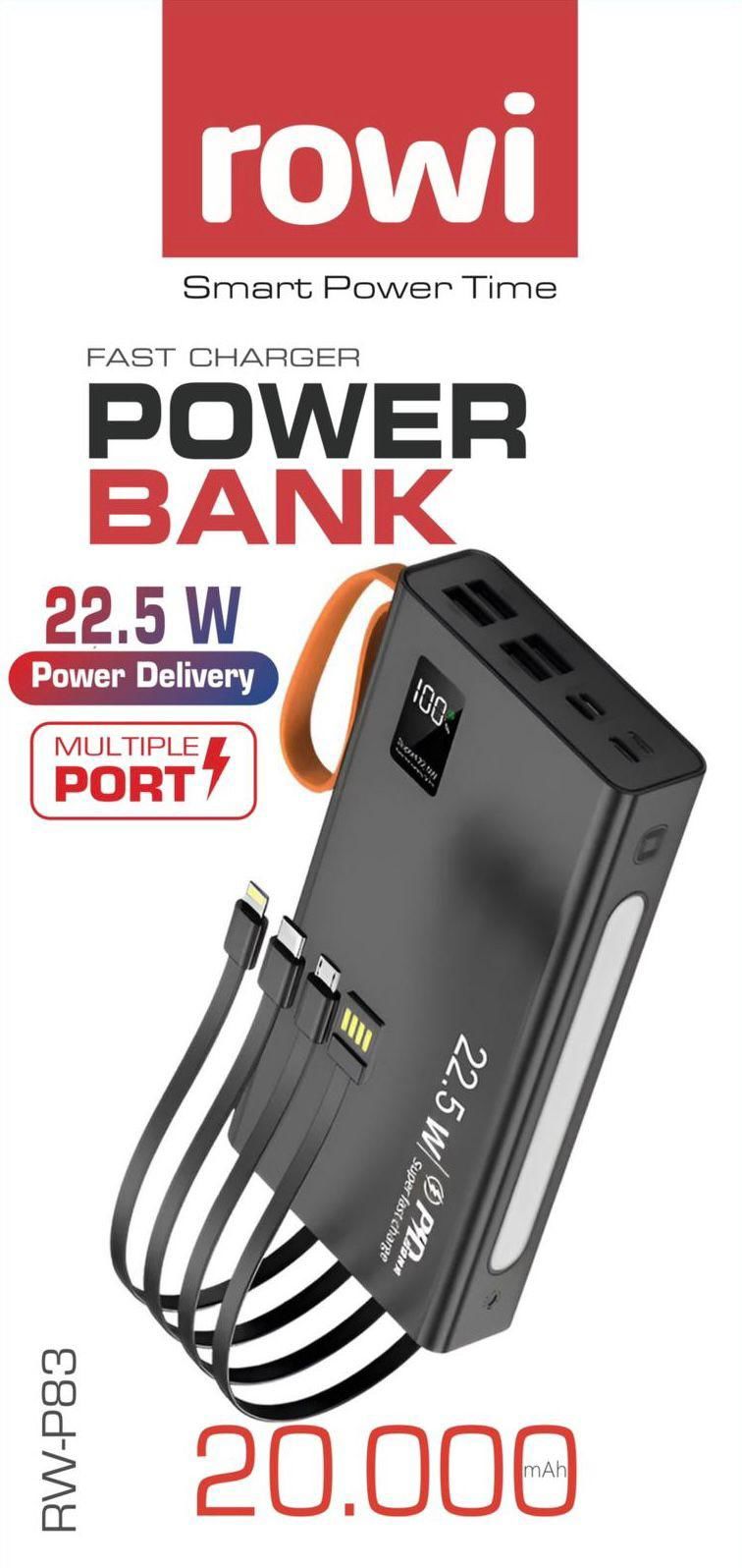 20000 mAh 22.5W Hızlı Şarj Dahili Kablolu Rowi Powerbank
